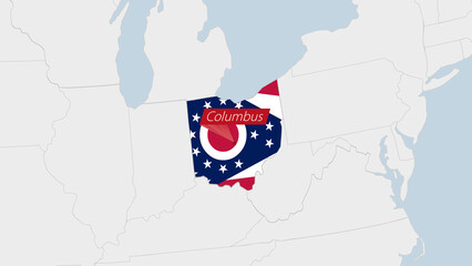 US State Ohio map highlighted in Ohio flag colors and pin of country capital Columbus.