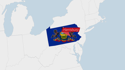 US State Pennsylvania map highlighted in Pennsylvania flag colors and pin of country capital Harrisburg.