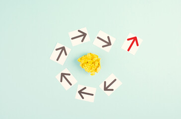 Many black arrows, one red is standing out, do different, be a winner, individuality, making your own decision, leadership, target new idea 