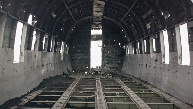 Inside the abandoned plane wreck dc3 on black vulcanic beach in S&oacute;lheimasandur, Iceland
