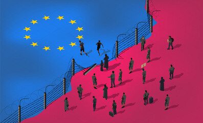 Isometric vector. Illegal crossing of the European border by refugees and migrants. The barbed wire fence is destroyed. Flag of the European Union. Rally of people for rights and freedom. hybrid war