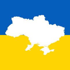 Map of Ukraine isolated vector illustration with its flag on the background.