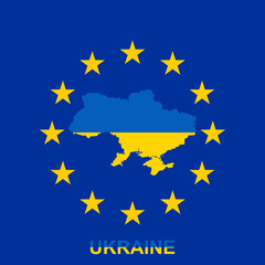 Map of Ukraine in national colors isolated on the flag of the European Union vector illustration.