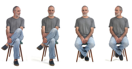 group of same man sitting on a chair on white background - obrazy, fototapety, plakaty