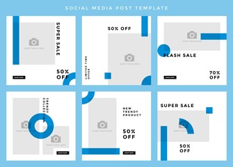 Social media post template. Six editable page or banner, fit for all sale promotion, minimalist concept with sky blue and white color theme.