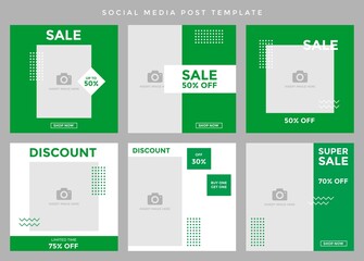 Social media post template. Six editable page or banner, fit for all sale promotion, minimalist concept with Grass green and white color theme. © rendsign