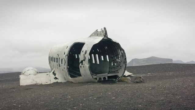 Abandoned plane wreck dc3 on black vulcanic beach in Sólheimasandur, Iceland
