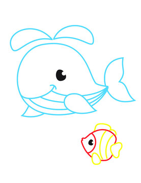 Coloring book of cute whale white background 