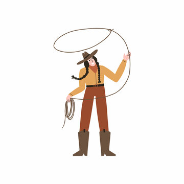 a cowgirl holds a rope in her hand. cowboy clothes and shoes. Wild West. vector illustration isolated on white background