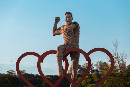 Três Corações, Minas Gerais, Brazil: March 5, 2022: Statue of football king Pele in his hometown in Minas Gerais