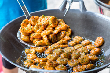 Fried spicy fish pancake, recommend Thai local food for traveler and tourist. Deep fried fish paste or deep fried fish cakes 