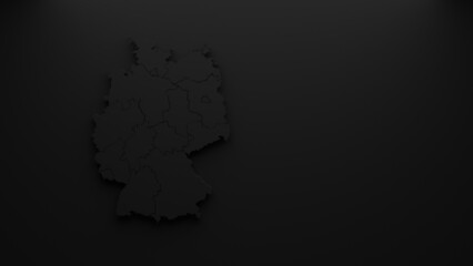 3D rendering of a map of Germany positioned in the left half of the image with federal states in black, in front of a black background, brightened by a light source positioned above it in frontal view - obrazy, fototapety, plakaty
