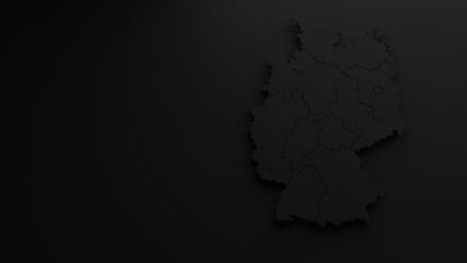 3D rendering of a map of Germany positioned in the right half of the image with federal states in black, in front of a black background, brightened by a light source positioned above it in frontal vie
