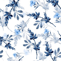 Seamless floral pattern with blue flowers on a white background, hand painted in watercolor.