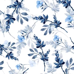 Fotobehang Blauw wit Naadloze bloemmotief met blauwe bloemen op een witte achtergrond, hand geschilderd in aquarel.