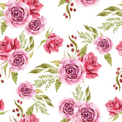 Watercolor floral pattern with roses, hand painted.	
