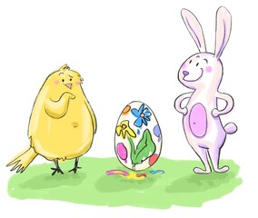 Obraz premium Funny cartoon Easter bunny and a chick with painted egg. Hand drawn kids illustration. Spring traditions. Egg hunt.