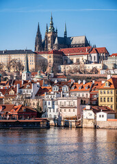 Obraz premium prague, architecture, city, castle, europe, town, czech, church, cathedral, building, river, tower, old, travel, czech republic, bridge, cityscape, landmark, view, tourism, medieval, water, panorama