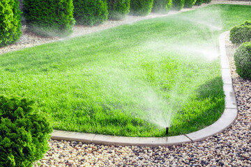 Sprinklers watering grass, green lawn in garden