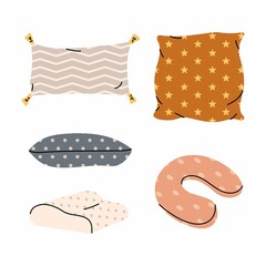 Pillow colored set with decorative pattern, flat cartoon style. Home interior textile. Cushion for travel, orthopedic, decorative, sofa. Classic feather, bamboo eco fabric design. Vector illustration