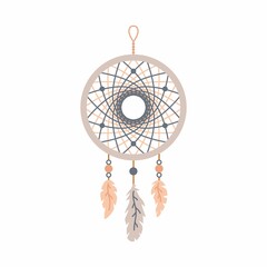 Amulet of the Dream catcher on a white background. Spider. Amulet for good dreams. Dreamcatcher and feather 