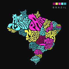 Brazil Map with all states name typography. Brazil lettering map.