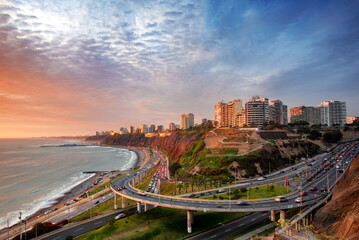 Lima, Peru along the coast also known as Circuito de Playas de la Costa Verde at a golden hour sunset - obrazy, fototapety, plakaty