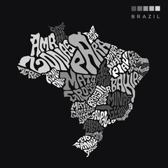 Brazil Map with all states name typography. Brazil lettering map in black and white color.