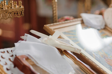 Wedding decoration in the church, candles, blurred background. Traditions