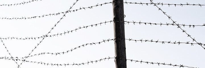 Old barbed wire and a wooden post against a pale sky. Barbed wire fence.