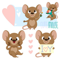 Cute vector mouse character set in cartoon style. Postcard. Children's poster. Children's print.
