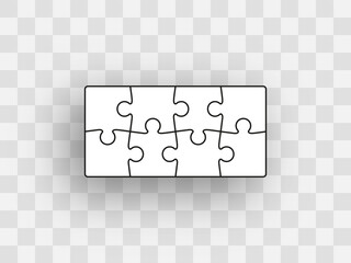 Puzzle pieces. Jigsaw grid. Thinking mosaic game with 2x4 details. Laser cut frame. Simple background with 8 separate shapes. Vector illustration. Paper leisure toy.