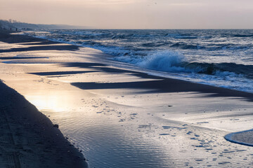 Beautiful view of the Baltic Sea coast on the Vistula Spit at the winter time