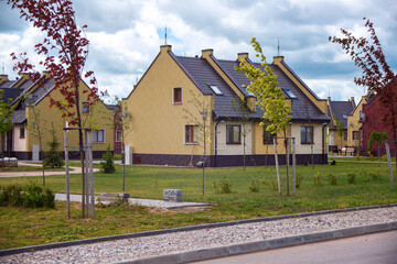 View of the modern residential low-rise buildings in Gusev town in the Kaliningrad region, Russia