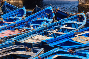Famous fishing wooden blue boats of the Essaouira. Morocco.