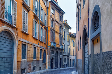 View of the old historic streets in Upper Bergamo (Citta Alta). Bergamo is a city in the alpine Lombardy region of northern Italy.