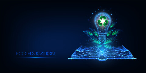 Fototapety  Futuristic eco education concept with glowing low polygonal book, lightbulb, recycle sign and leaves
