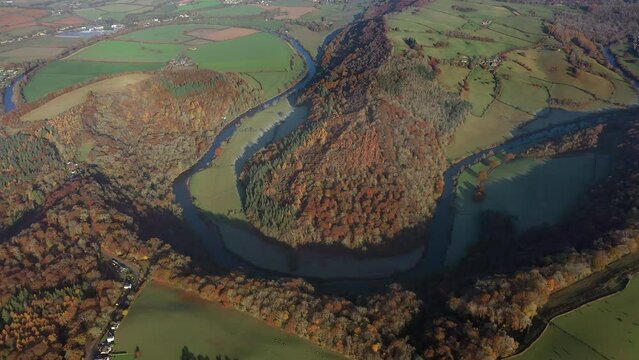 "Aerial view of the Wye valley towards Ross on Wye, River Wye, Symonds Yat, Forest of Dean, Gloucestershire, England
"