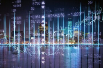 Abstract glowing big data forex candlestick chart on city backdrop. Trade, technology, investment and analysis concept.