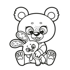Cute cartoon teddy bear in pajamas  holding toy rabbit outline drawing for coloring on a white background