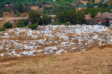 View of the old cemetery in Fes near Marinid Tombs hill. Morocco.
