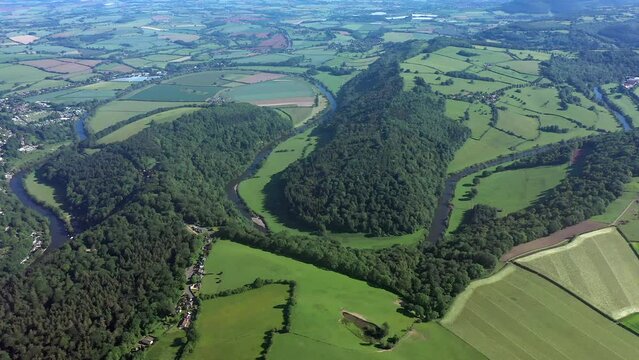 "Aerial view of the Wye valley towards Ross on Wye, River Wye, Symonds Yat, Forest of Dean, Gloucestershire, England
"
