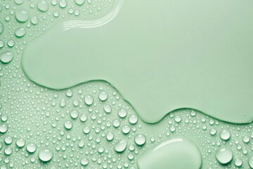 Cosmetic moisturizing liquid drops on green pastel background. Toner or lotion. Hyaluronic serum - obrazy, fototapety, plakaty