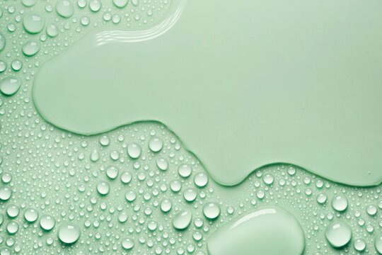 Cosmetic moisturizing liquid drops on green pastel background. Toner or lotion. Hyaluronic serum