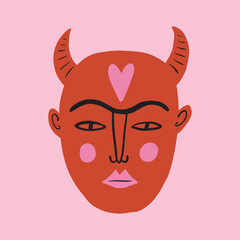 Funky ugly crying Valentines devil heart, groovy cute comic character. Boho doodle modern print funny handdrawn childish art. Vector EPS and JPG.