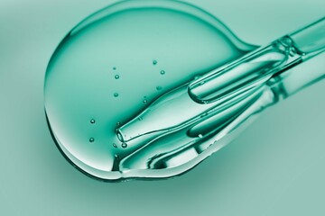Liquid pipette serum green gel on light berry retinol hyaluronic acid colored mirror background