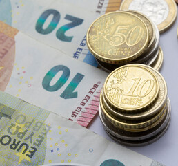 Money as background, euro coins and banknotes. Money and financial concepts, banner, cover, mockup,...