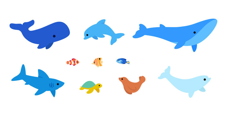 Icon set of sea creatures - whale, shark, dolphin, sea lion, turtle, beluga, cachalot and tropical fish. Flat design illustration in cartoon style.