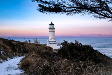 North Head Lighthouse located at the mouth of the Columbia River where it meets the Pacific Ocean....