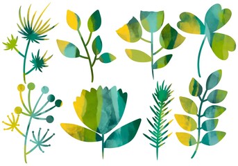 Set with flowers and leaves for stickers and cards and kids and hobbies and linens and fabrics